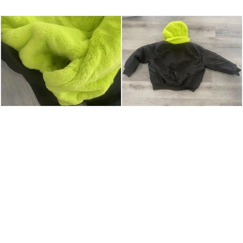 Jordan Jacket Unisex Kids L Black Hooded Bomber Full Zip Fleece Lined Neon Hood